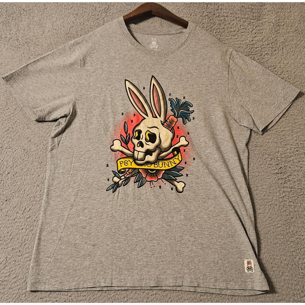 Psycho Bunny Mens Tattoo Skull Bunny Graphic Tee Heather Grey Pima Cotton Size 5